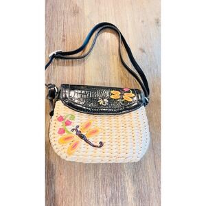 Brighton Straw Dragonfly Crossbody Bag Black Croc Leather Trim Woven Purse